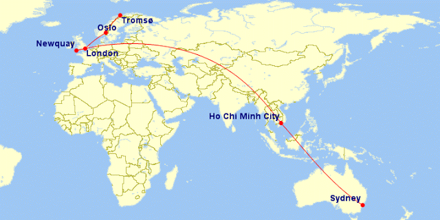 a map of the world with a red line