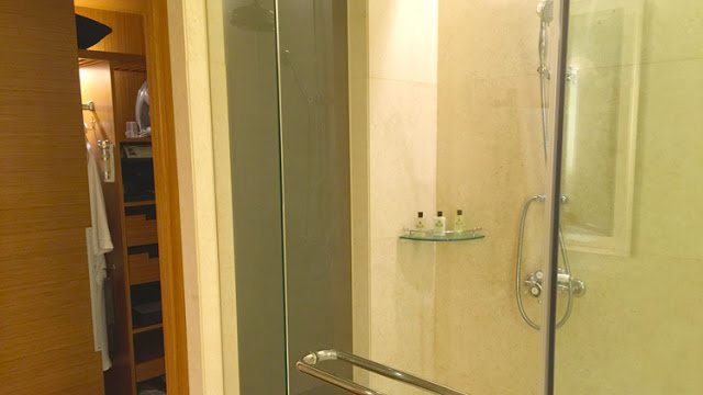 a shower with a glass door