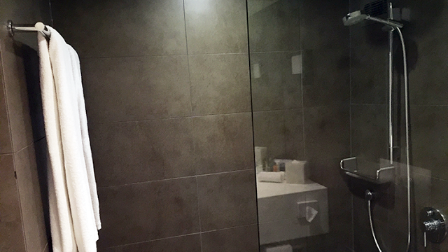 a glass shower door with a sink and a mirror
