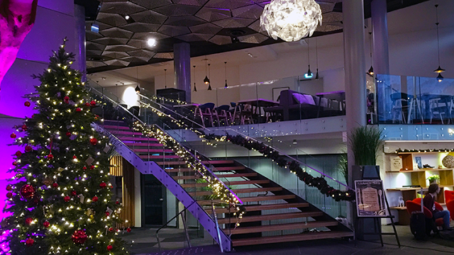 a staircase with lights and a christmas tree