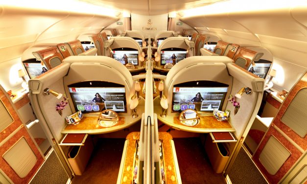 Emirates First Class dance of the seven veils ditches gold bling and faux walnut