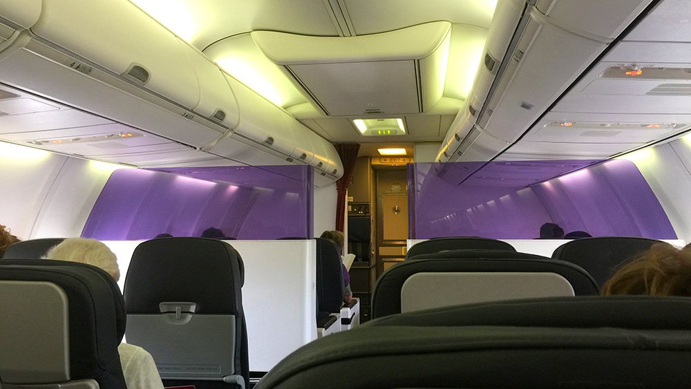 a plane with seats and purple walls