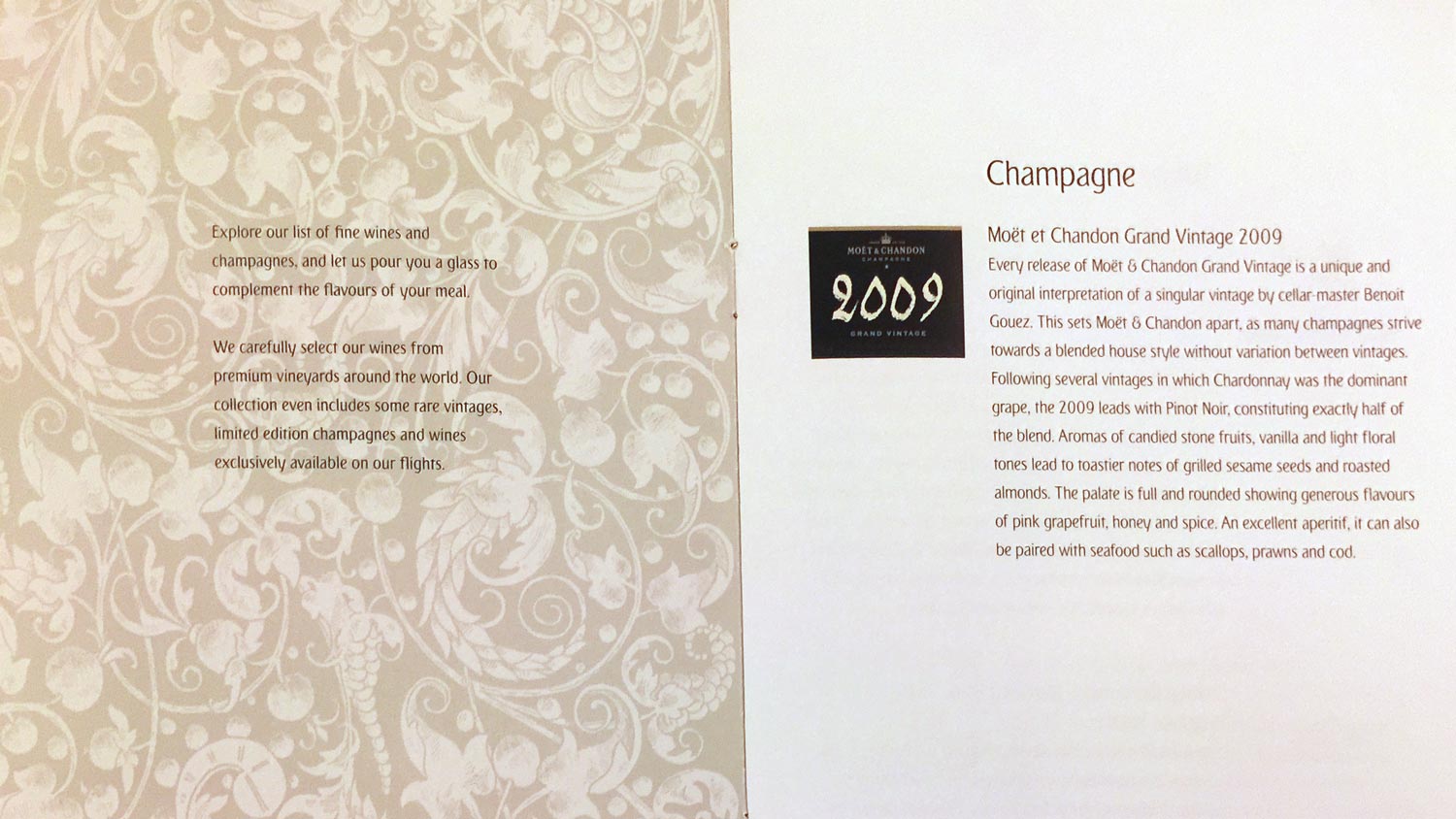 a menu of a champagne