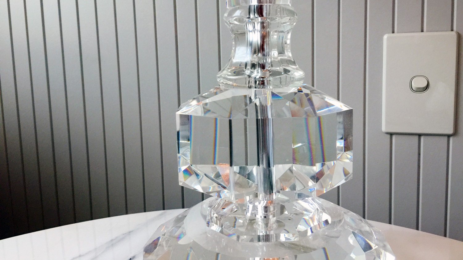 a close up of a crystal lamp