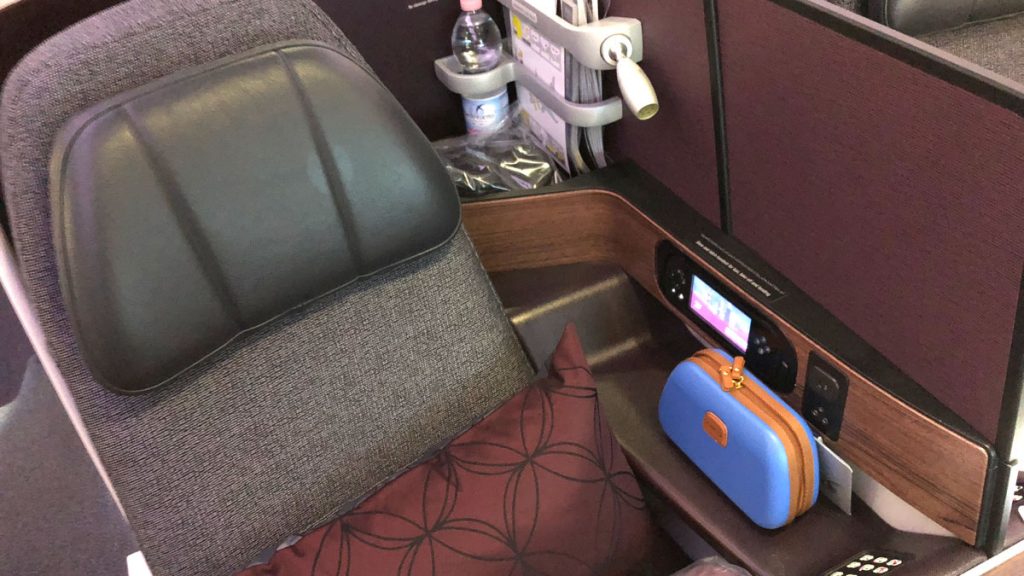 Qatar business class seat detail on flight Milan to Doha 
