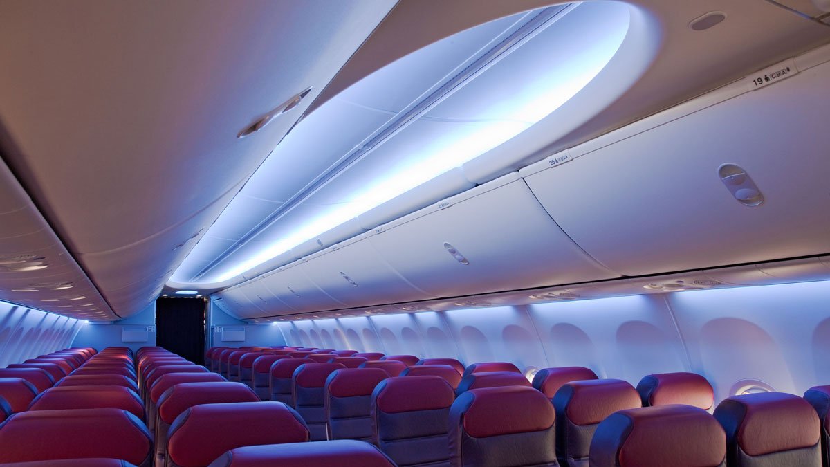 an airplane with seats and a light