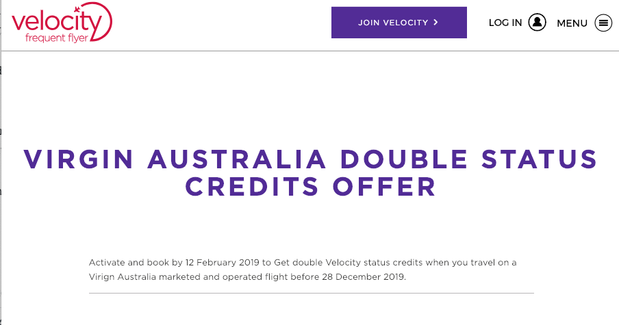 Velocity – Virgin Australia – Double Status Credits for Feb 2nd 2019