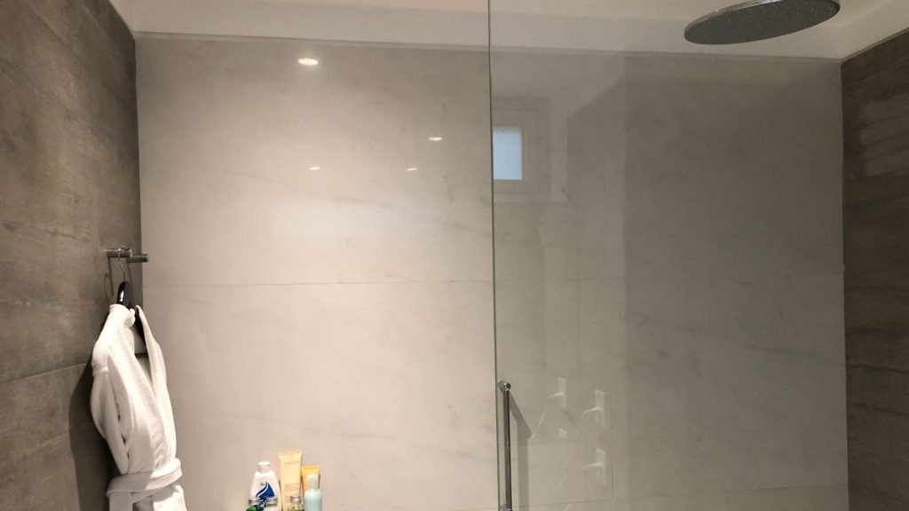 a shower with a glass door