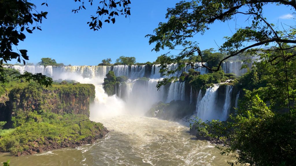 Iguazu Falls with trees and blue sky