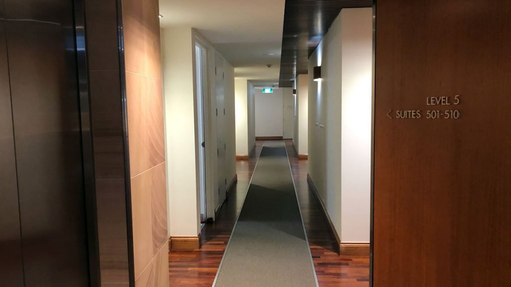 a hallway with a carpet on the floor