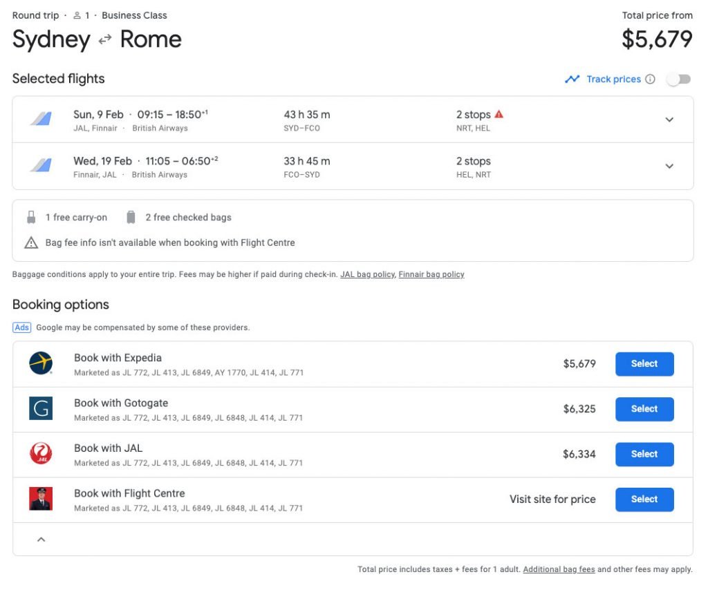 a screenshot of a flight schedule