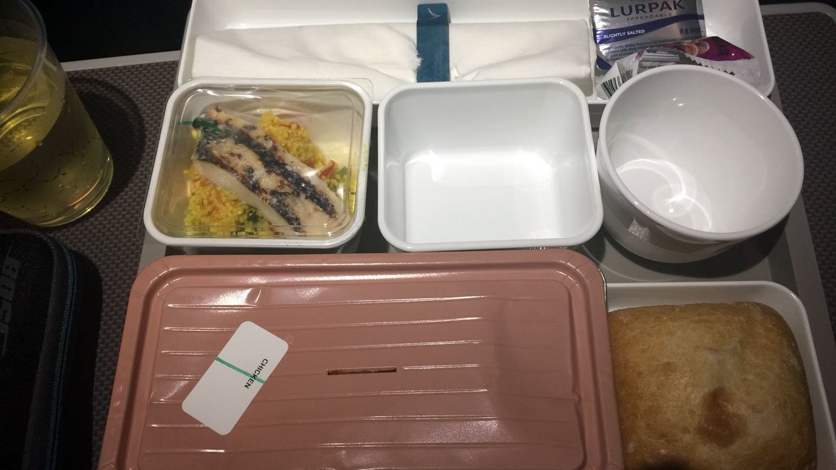 a tray with food in it