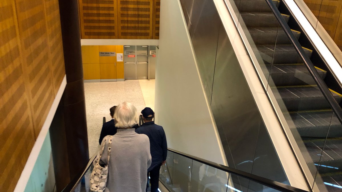 people walking up an escalator