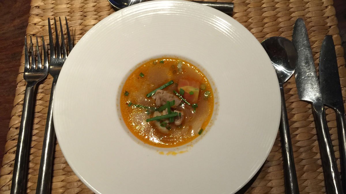 a bowl of soup with green onions and meat