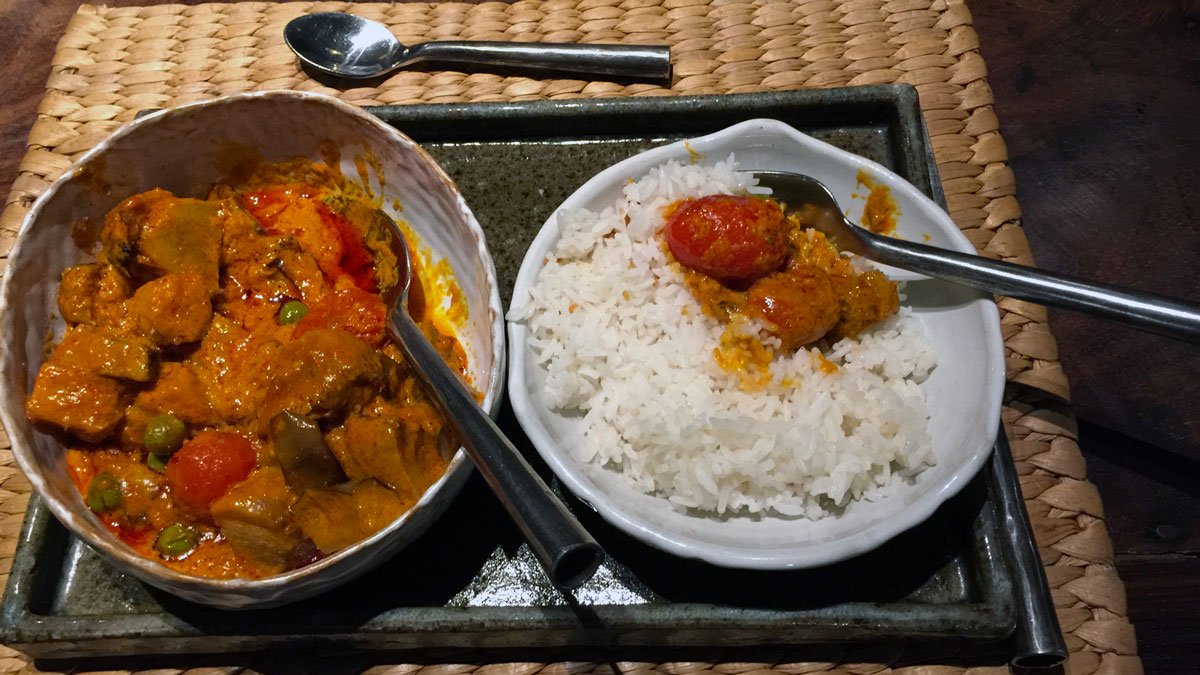 a plate of food on a tray