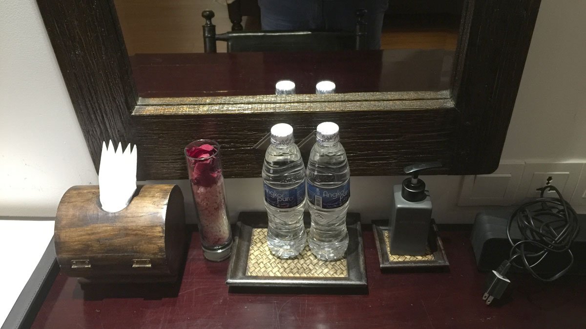 bottles of water on a counter
