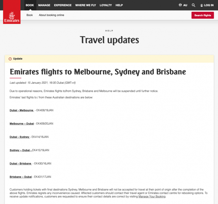 a screenshot of a travel updates