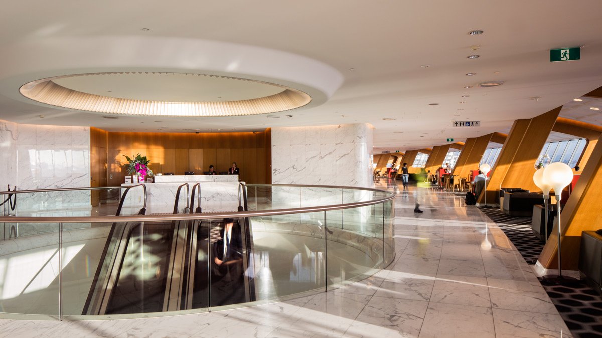 a large building with an escalator