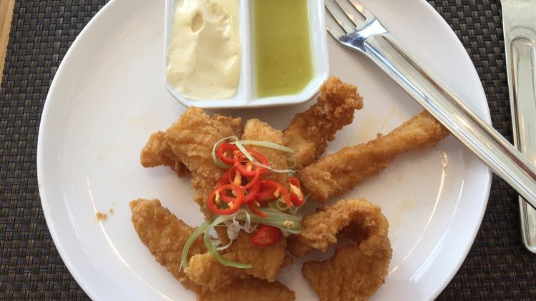 a plate of fried food with sauce and fork