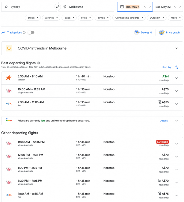 a screenshot of a flight schedule