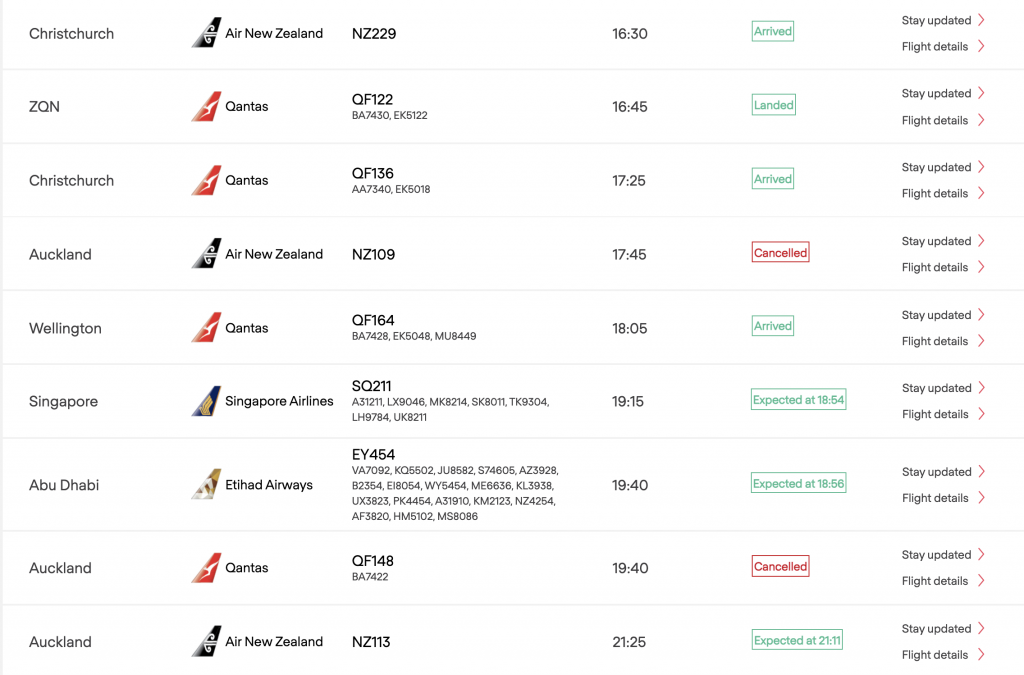 a screenshot of a flight schedule