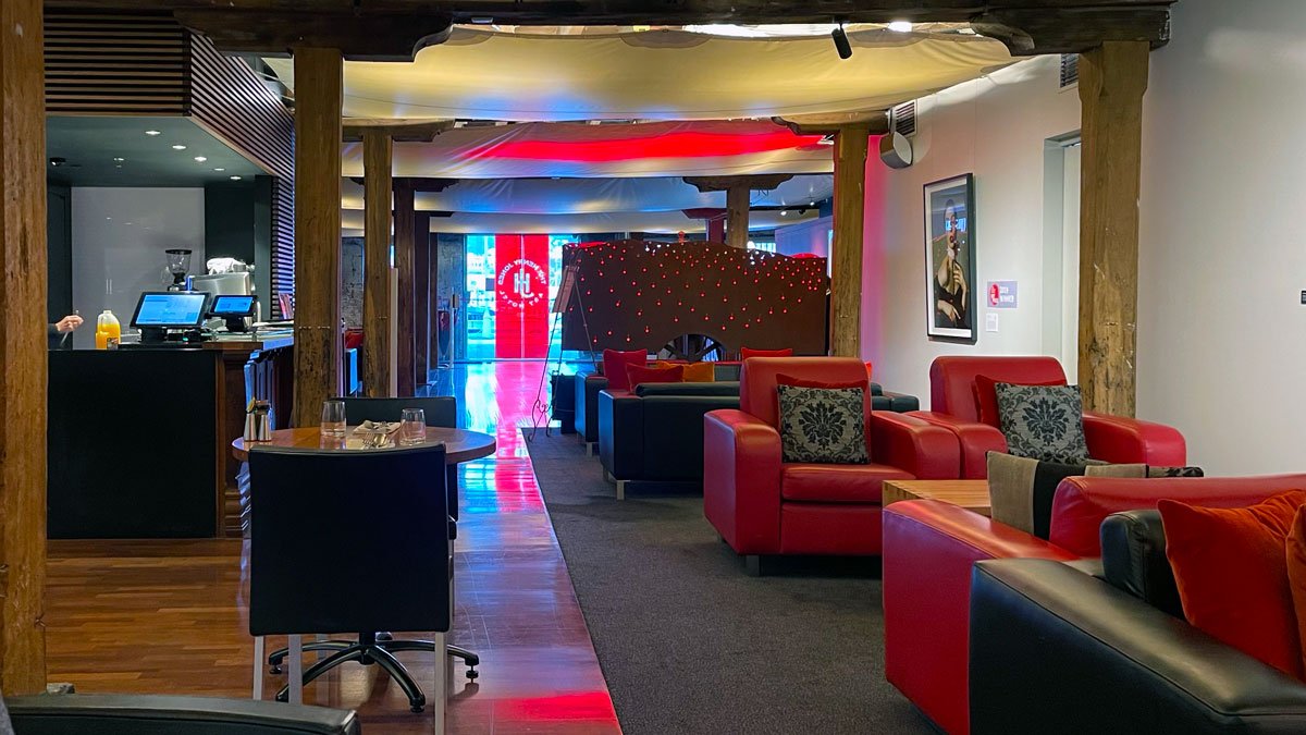 a room with red and black furniture