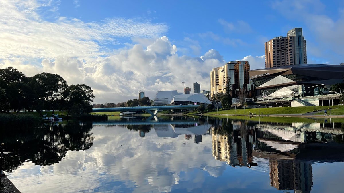 a body of water with buildings and trees