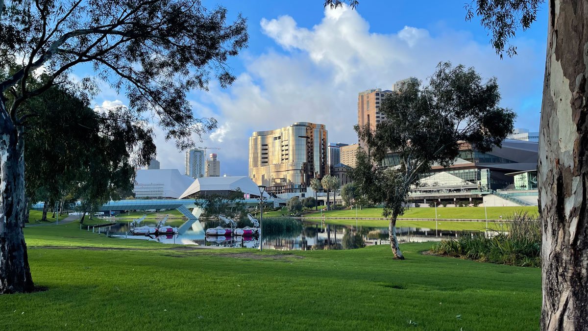 a park with a body of water and trees and buildings in the background