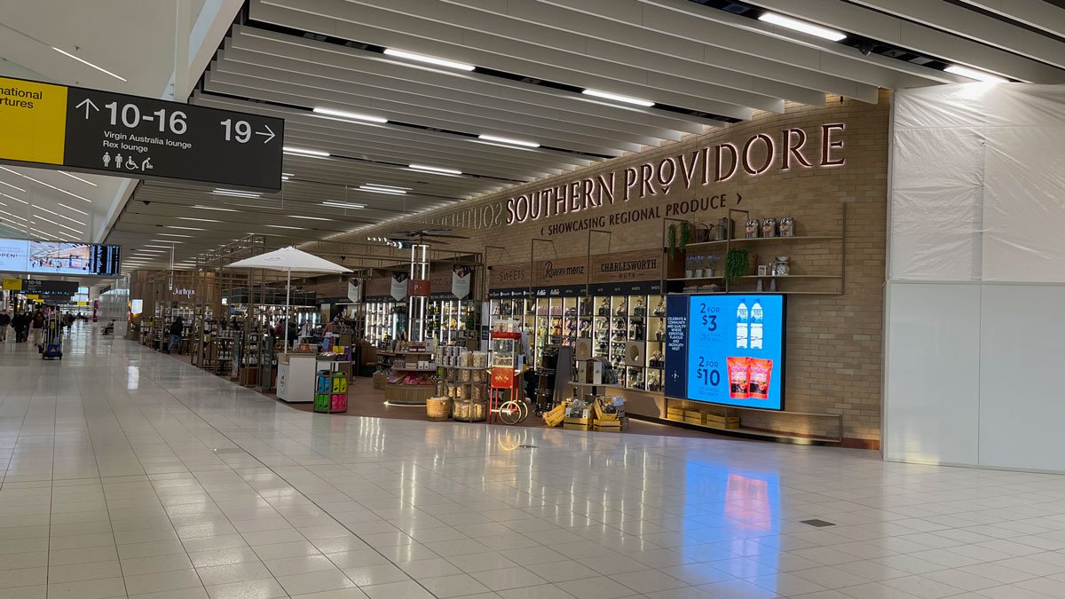 a store with signs and shelves