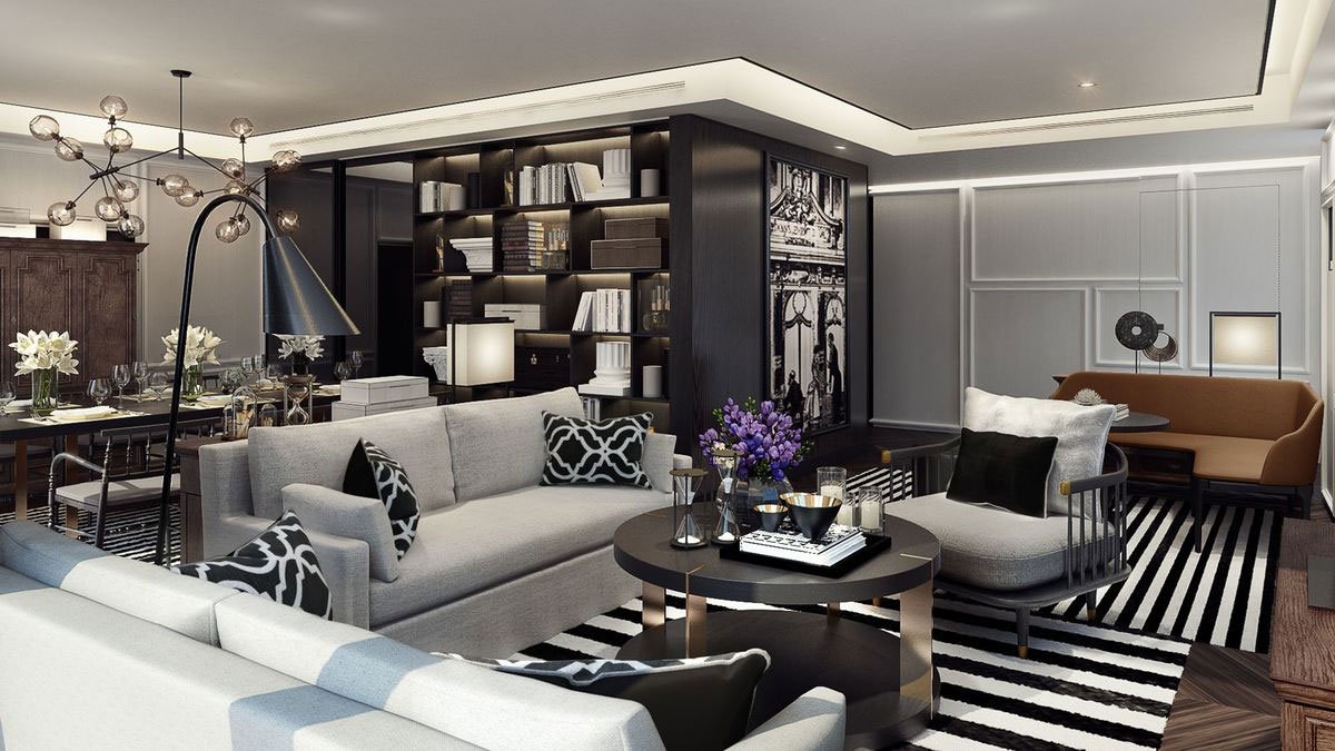 a living room with a black and white striped rug and a couch