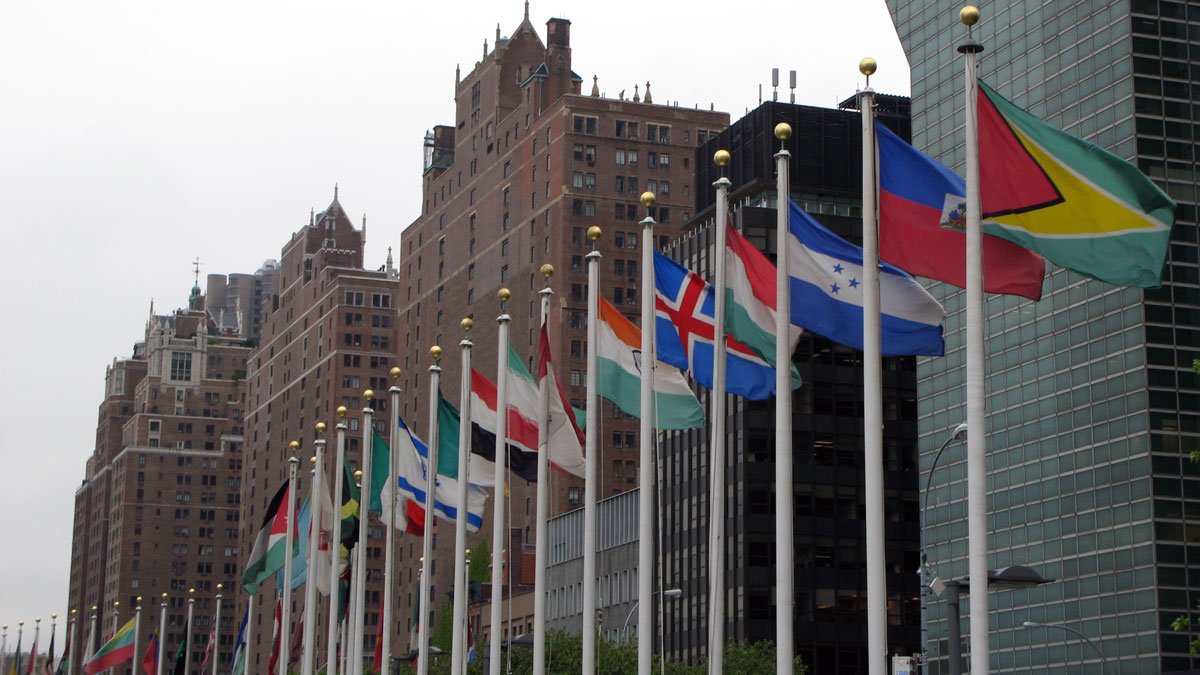 a group of flags on poles