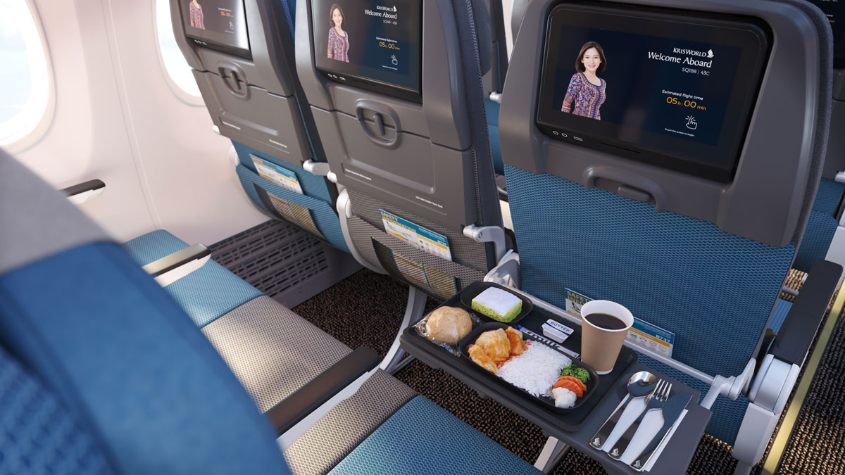 a tray of food on the side of a plane