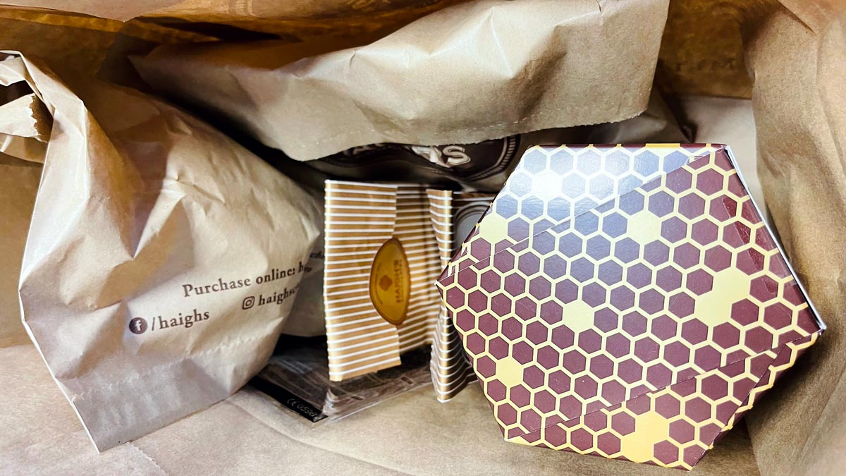 a group of brown bags with a hexagon pattern
