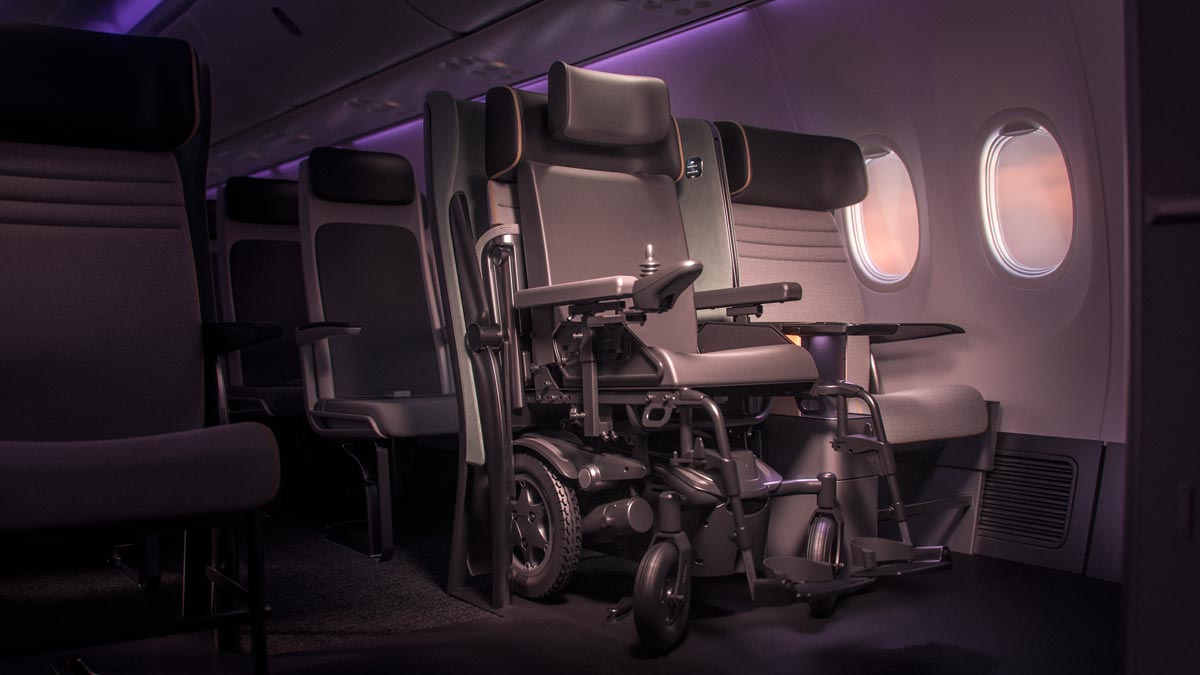 a wheelchair in an airplane