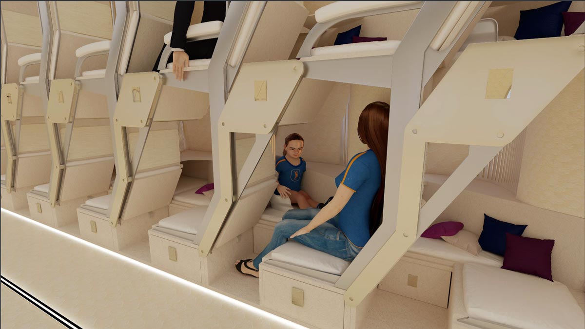 a woman and a child sitting on a bunk bed
