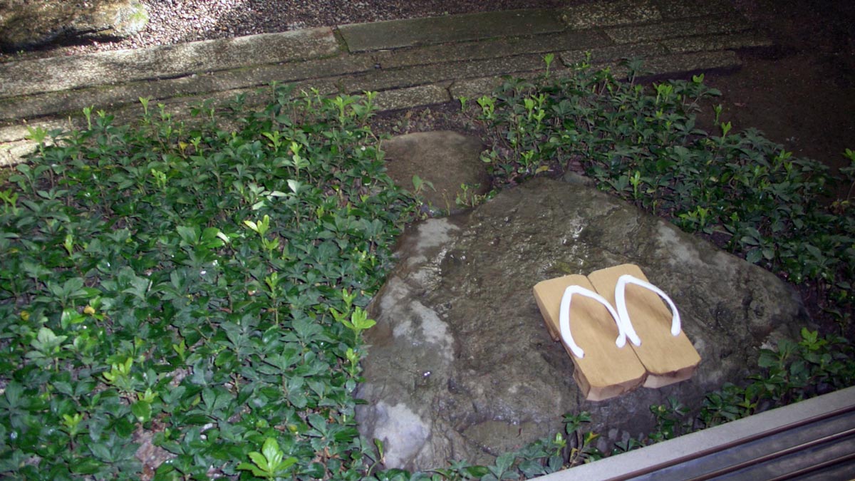 a pair of wooden sandals on a rock