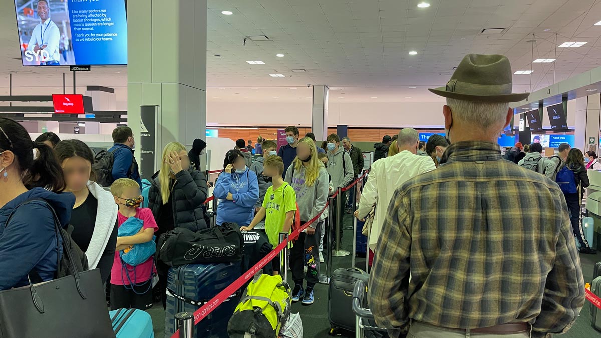 Business check-in queue at Sydney Airport T1 2022