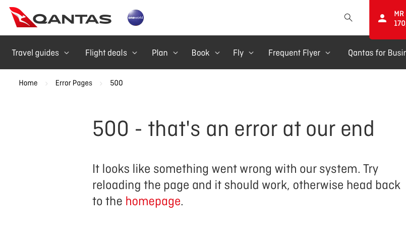 QANTAS: Tech fail. Frequent flyers can’t even get reward booking page to load. Miss out on premium classic rewards