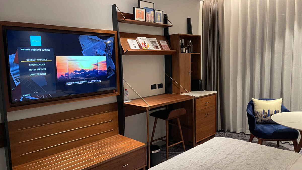 a room with a tv and desk