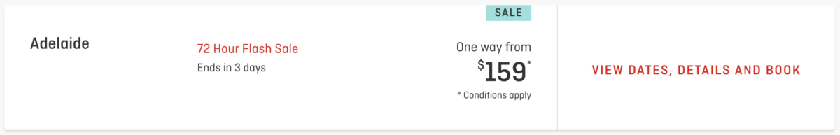 screen grab of discount fare between Adelaide and Sydney on Qantas during sale