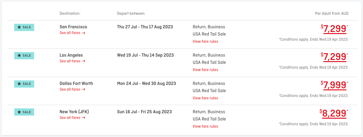 Qantas Business class airfares to the USA Red Tail Sale