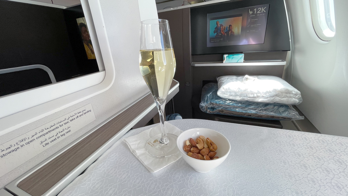 Champagne and nuts in Business class on Oman Air A330