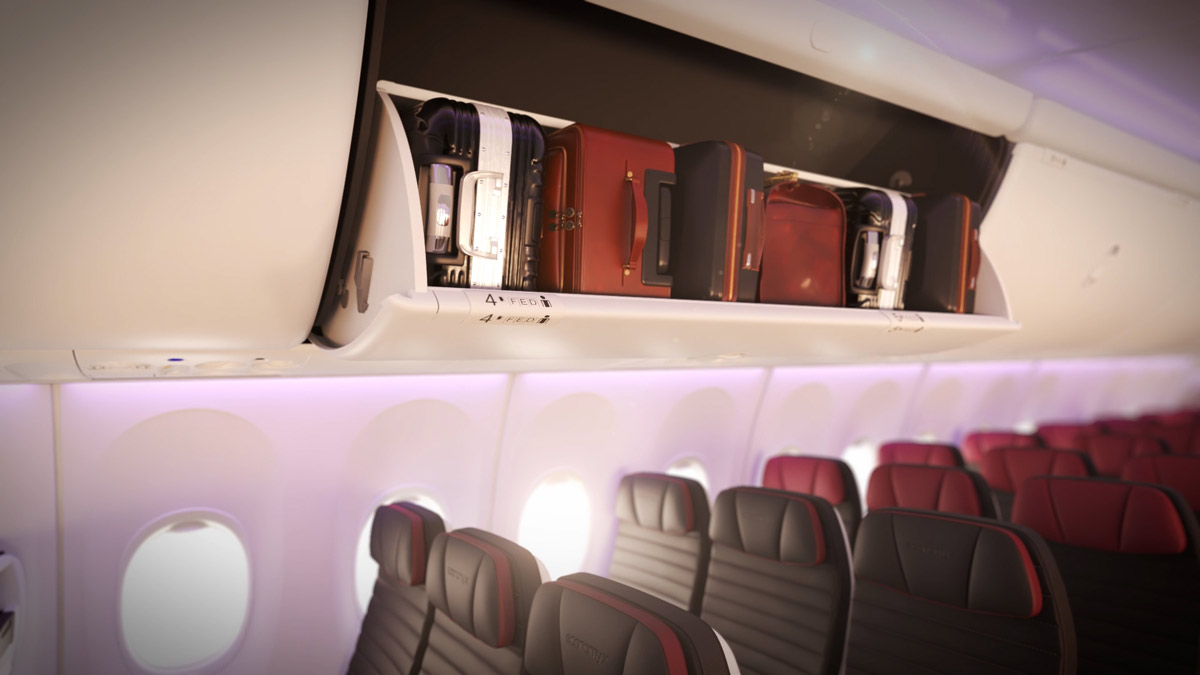 Massive new overhead luggage bins allow up to 50% more on board storage, but Virgin won't be adjusting allowance. [Virgin Australia]