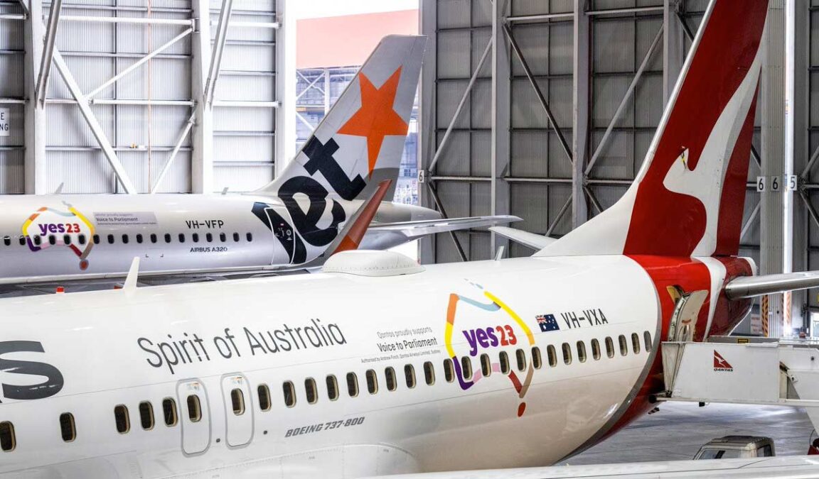 Qantas and Jetstar planes with the Voice YES23 campaign livery