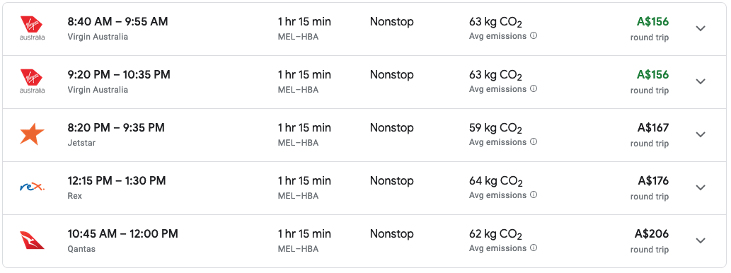 Screen grab of return economy class fares on Google Flights between Melbourne and Hobart
