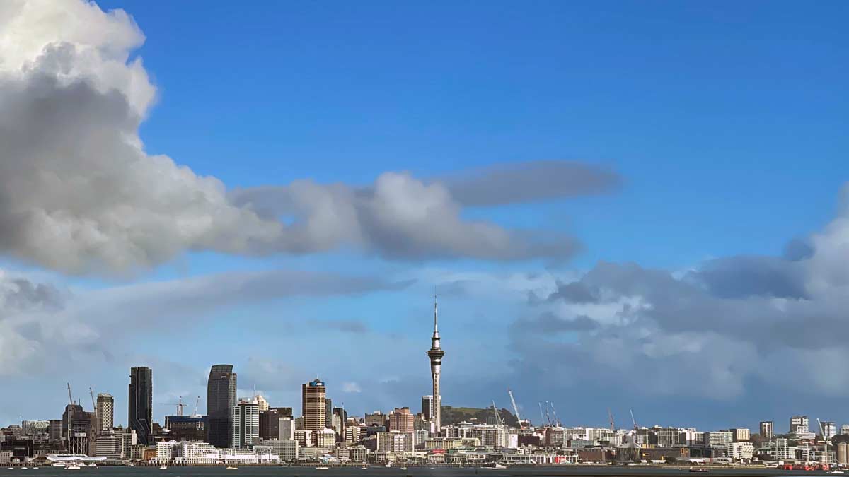 a city skyline with a tower and cranes