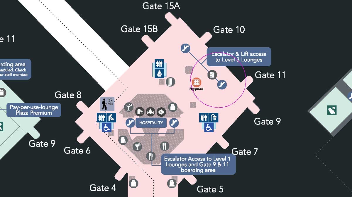 map of the access for Level 2 is via the escalator or lift between Gates 11 and 11. The playground is a good marker. [Schuetz/2PAXfly]