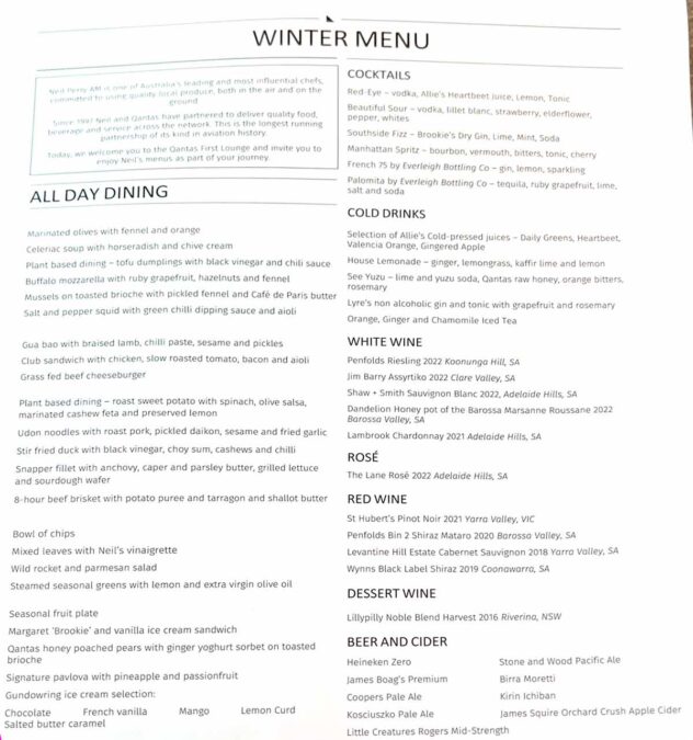 Qantas Melbourne First Lounge Winter Menu [Schuetz/2PAXfly]