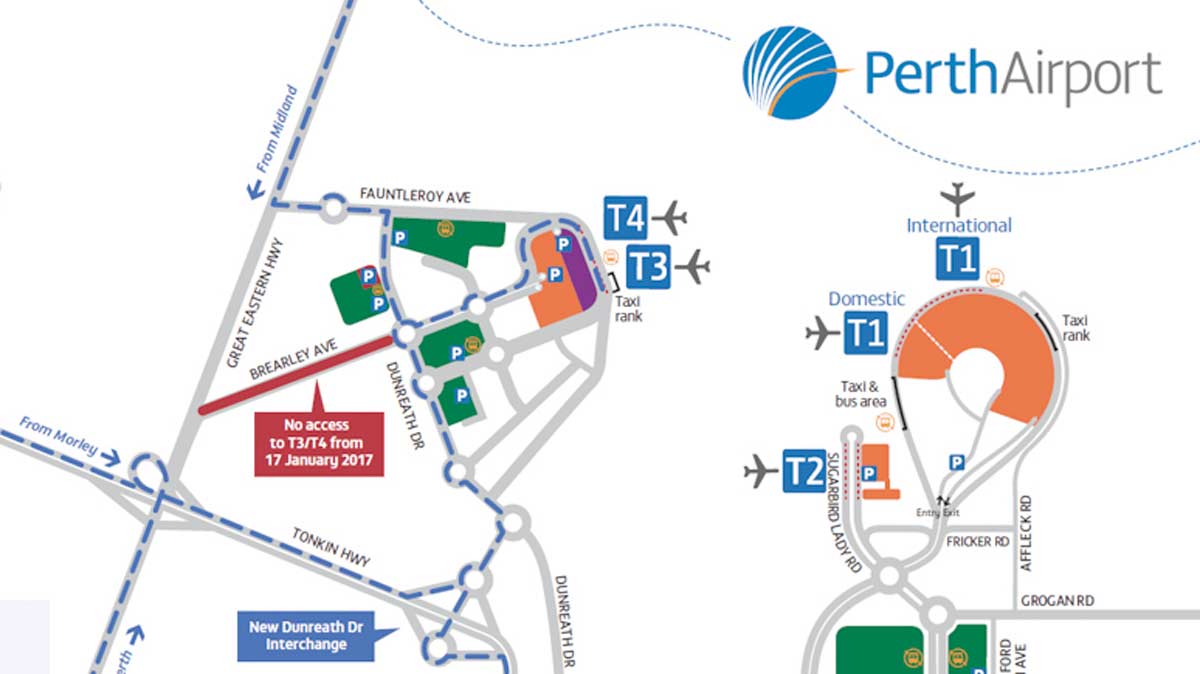 Map of current arrangement of Terminals at Perth Airport [Perth Airport]