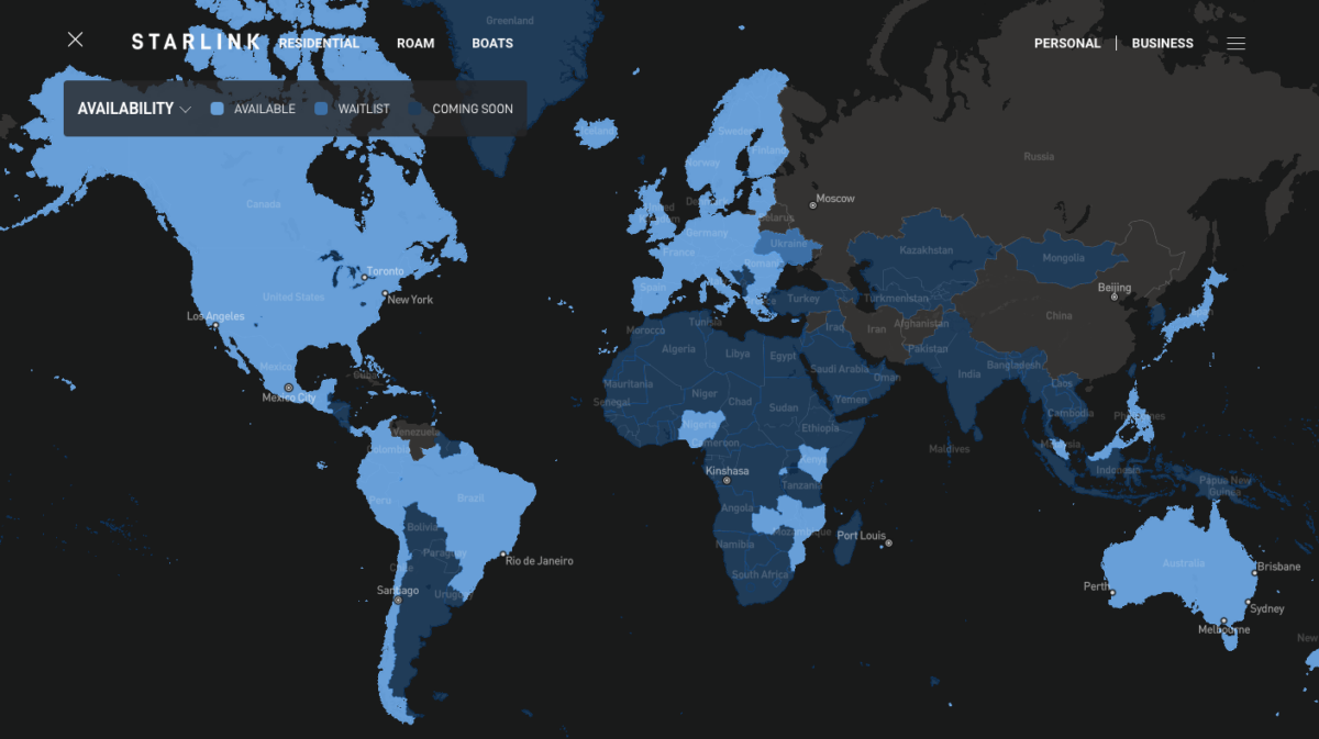 Starlink coverage map from its website [Starlink]